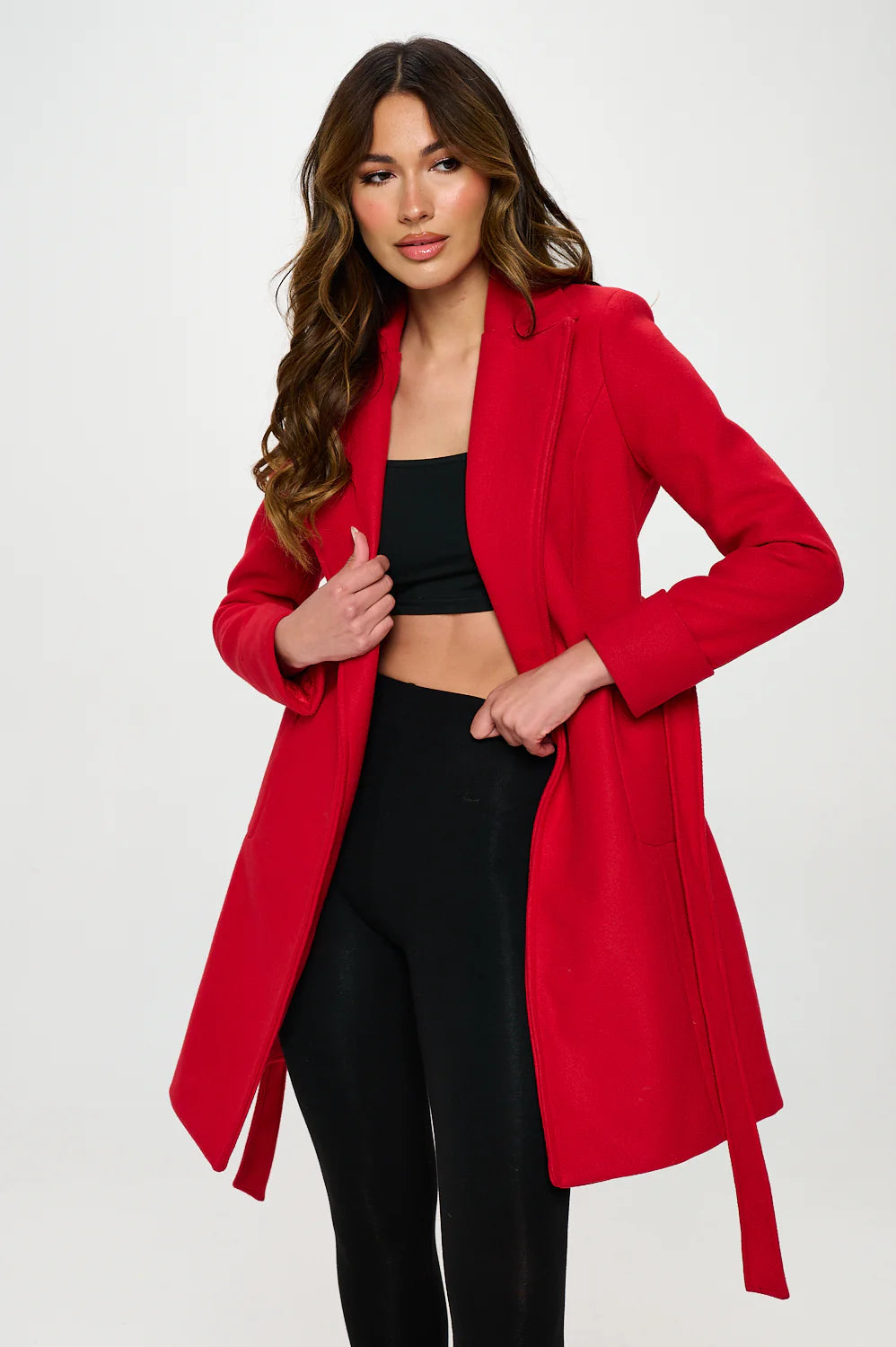 Classic Belted Vegan Wool Coat - Red