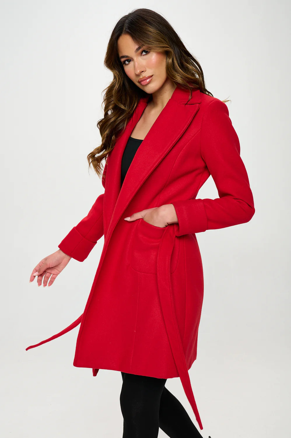 Classic Belted Vegan Wool Coat - Red