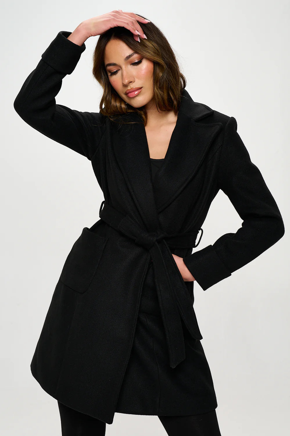 Classic Belted Vegan Wool Coat - Black