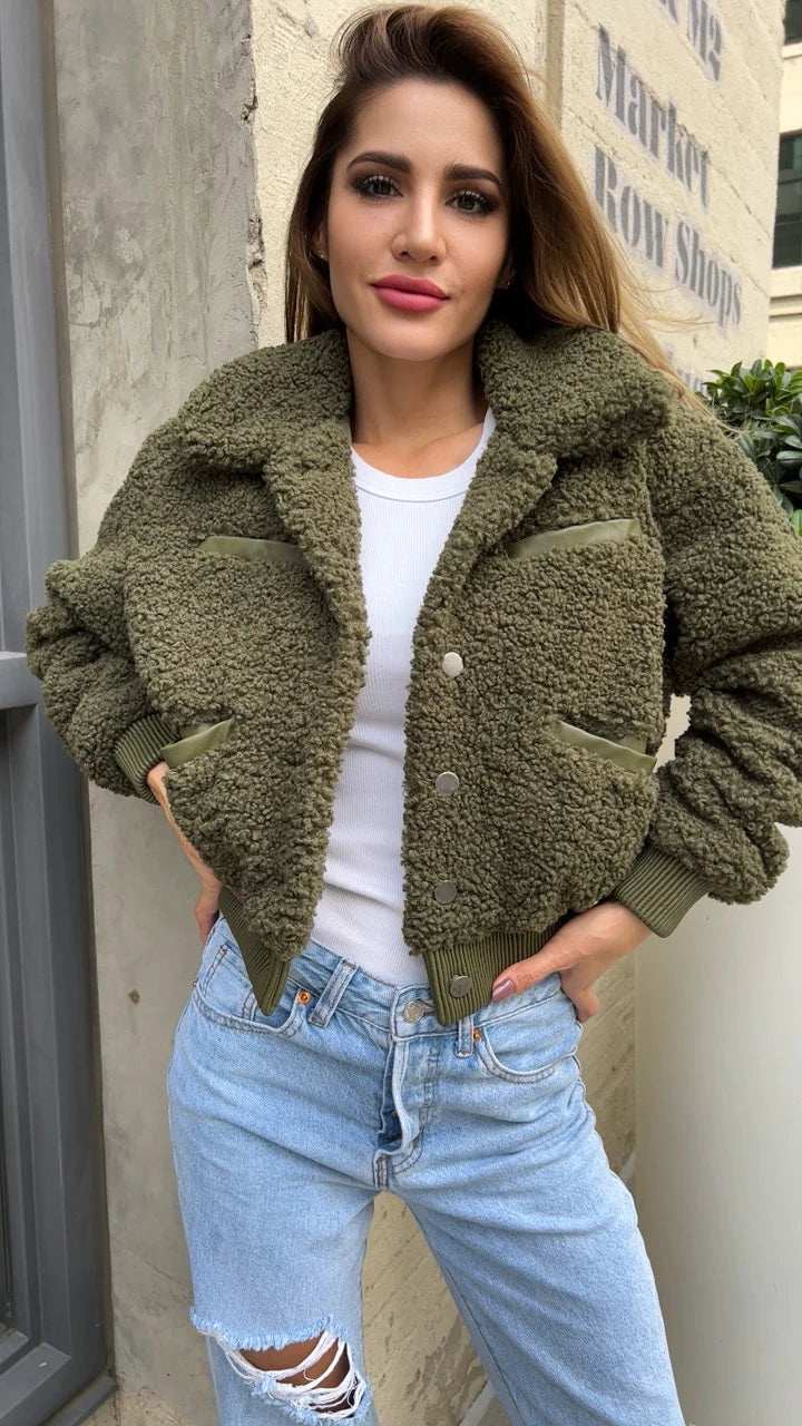 Teddy Bear Bomber Jacket Olive Green Shop Vegan Outerwear at The Grinning Goat Vegan Boutique L