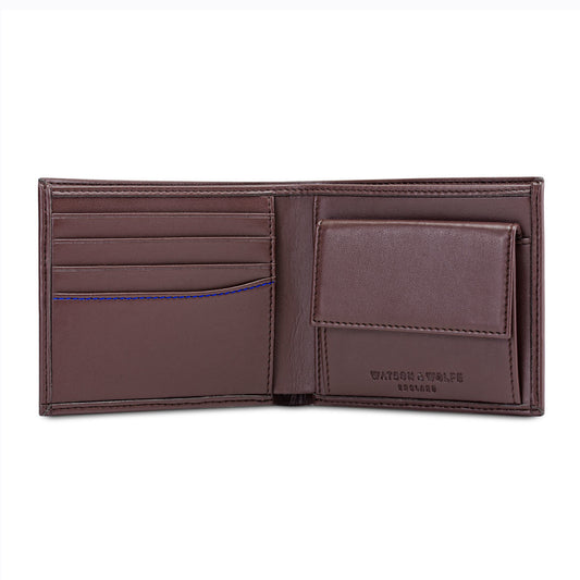 Bifold Vegan Corn Leather Wallet with Coin Pocket - Chestnut with Cobalt